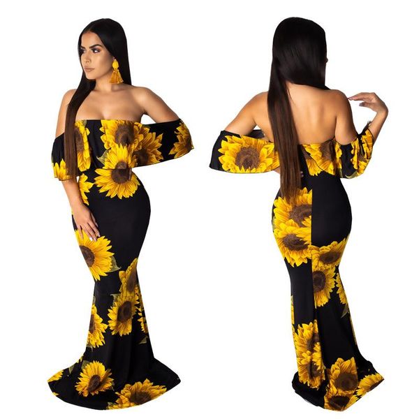 Women Rose Sunflower Print Strapless Sexy Bodycon Dress Slash Neck