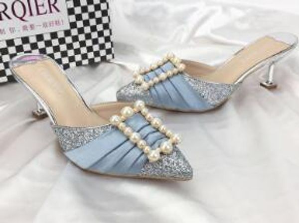 

2020 brand fashion stilettos baotou sequins pearl high-heeled sandals 6 cm heel not lace-up looping silver01 high-heeled sandals, Black