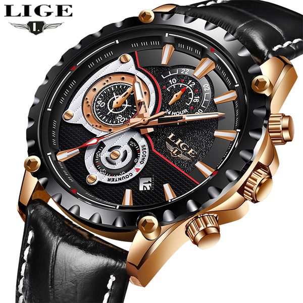 

lige men watch quartz chronograph watch mens sports watches leather waterproof fashion clock relogio masculino, Slivery;brown