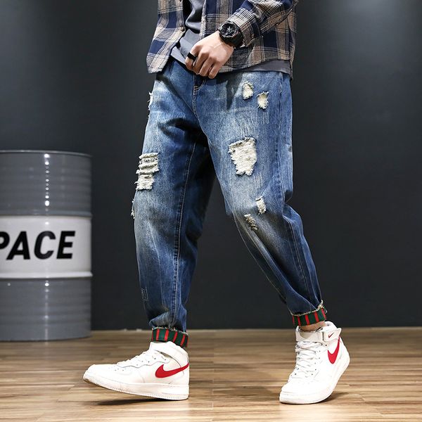 

men jeans fashion casual large size loose denim pants 2019 new button pocket hole bleached streetwear denim trousers, Blue