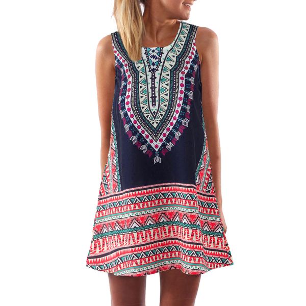 

2018 summer dress female vintage boho women summer sleeveless beach printed short mini dress fashion vestidos robe, Black;gray