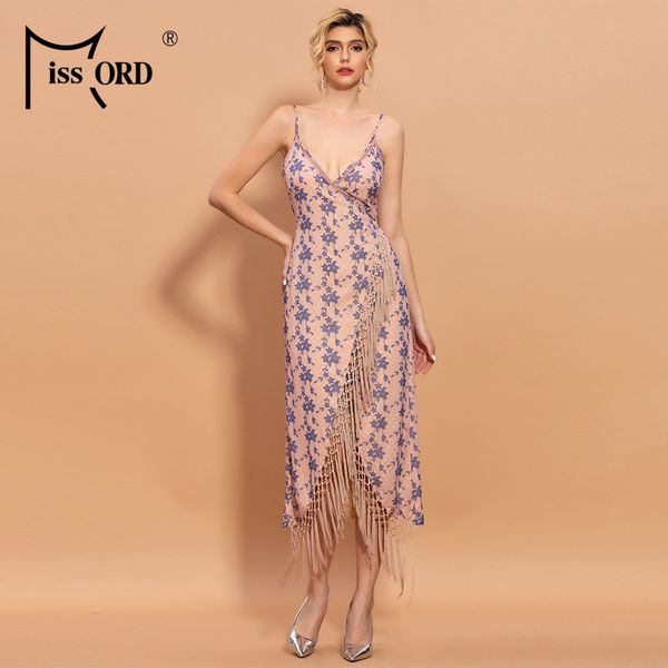 

missord 2020 women deep-v straps sleeveless flowers print tassel lacing back dress ft20210, Black;gray