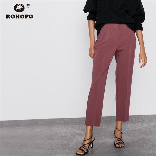 

rohopo high waist solid cotton thick straight pant side welted pockets white black red office ladies zipper trousers #9155, Black;white