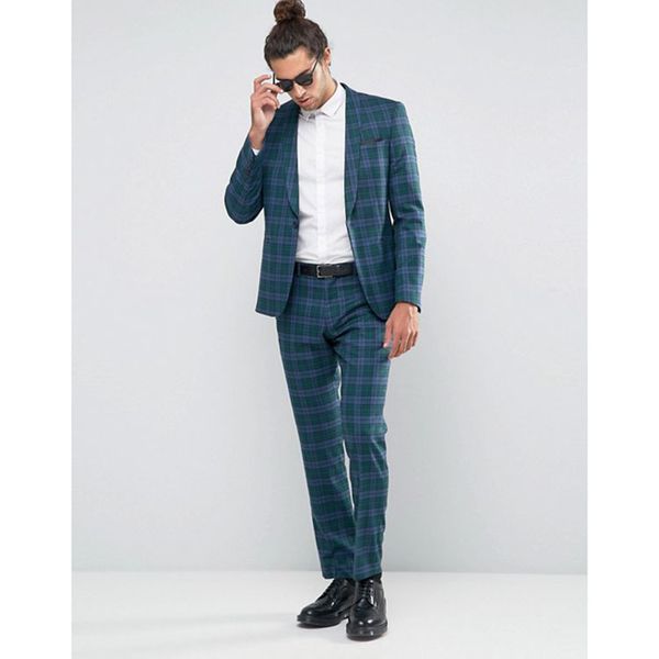 2020 Clássico Britânico Xadrez Men Wedding Smoking Bonito Slim Fit Um Botão Casual Ternos de Baile de Finalistas Homem Partido Blazer Terno (Jacket + Calças)