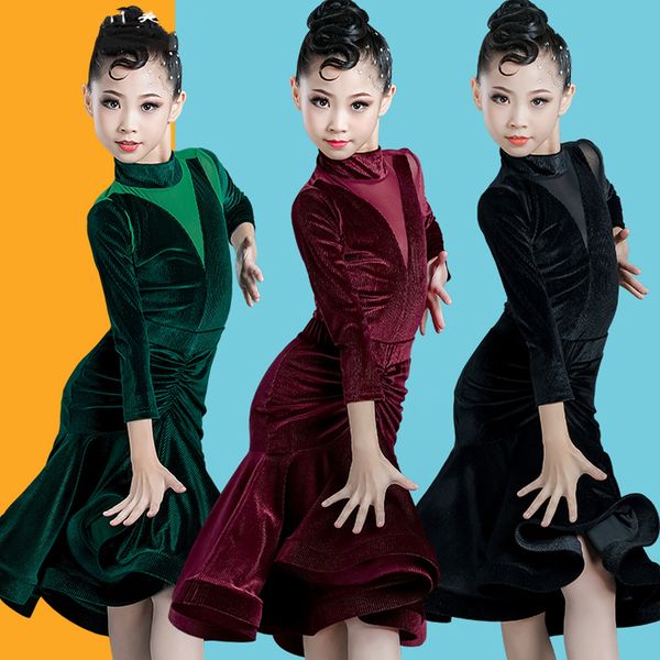 

stage wear latin dance practice clothes for girls children long sleeve rumba dress professional tango samba salsa dancewear vo239, Black;red