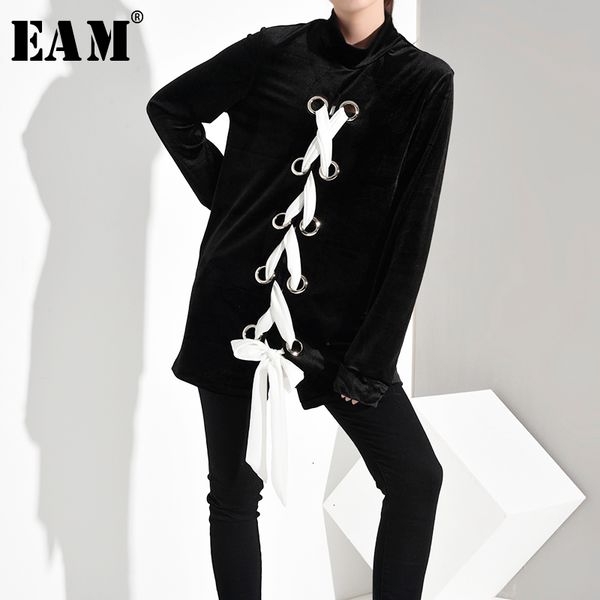 

eam] loose fit bandage velvet sweatshirt new high collar long sleeve women big size fashion tide autumn winter 2019 ya3090, Black