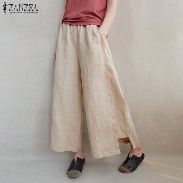 

2019 zanzea women summer elegant elastic waist casual solid wide leg pants loose flare pantalon cotton linen trousers oversized, Black;white