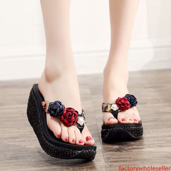 

summer seaside beach shoes thick bottom clip foot flip flops bohemia 2019 new high heel non slip sandals women s