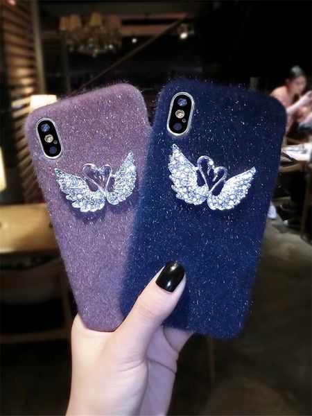 

one piece luxury phone case for iphone 6s 7 8p xr xsmax fashion plush texture designer phone case back cover with swan ornament