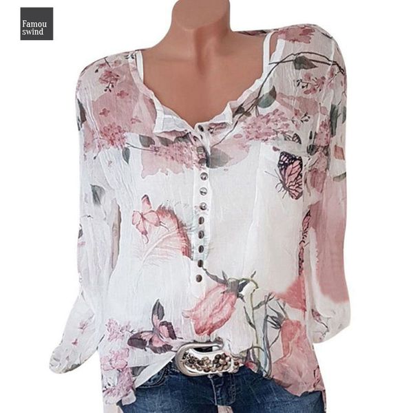 

осень с длинным рукавом блузка 5xl цветочные печати женщины блузы casual v шеи кнопки рубашки женщины top plus size, White