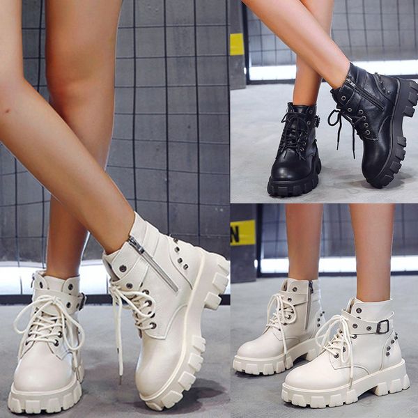 

women's ankle platforms winter zipper punk belt buckle rivets cool lace up boots, Black