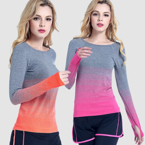 

running jerseys gradient color sports long sleeve women's quick-dry t-shirt crew neck yoga clothes breathable workout slim fit, Black;blue