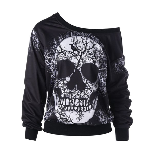 

cool girls hoodies blouses women's long sleeve skew neck skull print halloween sweatshirt blouse shirt sudadera mujer new, Black