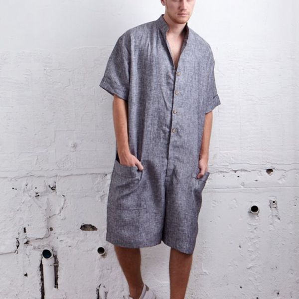 

mjartoria summer loose men rompers cotton half sleeve button pants vintage casual solid men cargo overalls jumpsuit trousers, Black