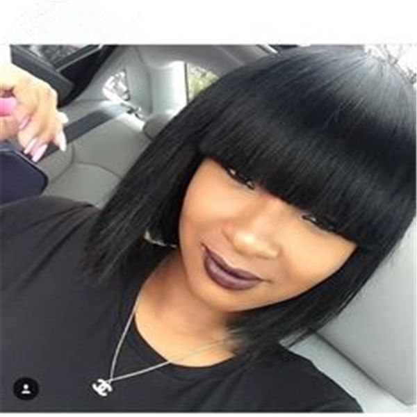 

straight human hair wigs with bangs short bob wigs for black women remy hair wigs 10 inch brazilian straight bob wig for african americans, Black;brown