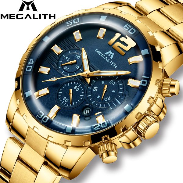 

megalith top mens watches waterproof chronograph business quartz watches gold steel strap relogio masculino, Slivery;brown