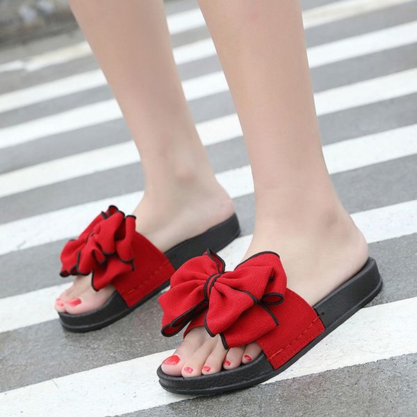 

muqgew women slipper summer sandals casual flat flock bow knot sandals fashion female home slippers beach shoes girls, Black