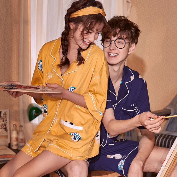 

summer cute women's pajamas simple short sleeves turn-down collar pocket decor cartoon loose contracted sleepwear 2 pieces sets, Black;red