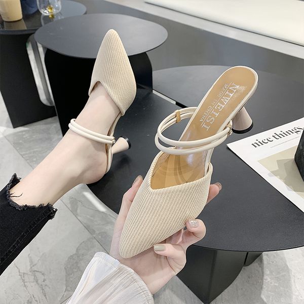

all-match pointed heel sandals high heels shoes closed toe suit female beige 2020 women's shallow mouth two weare for lace up, Black