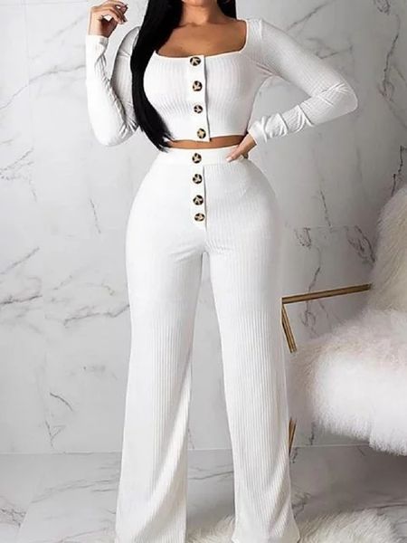 

autumn women's 2 piece outfits button square collar long-sleeve slim straight pants two piece knitted female clothing set, White
