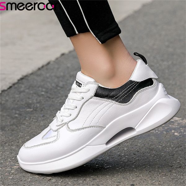 

smeeroon 2019 genuine leather shoes women sneakers lace up round toe casual shoes comfortable fashion flat sneakers woman, Black
