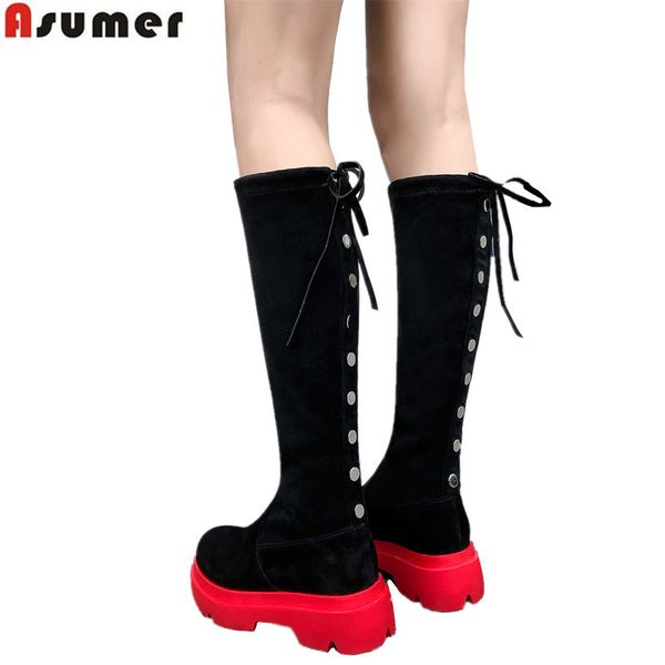 

asumer 2020 suede leather knee high boots women autumn winter stretch boots thick sole inner stiffener platform, Black
