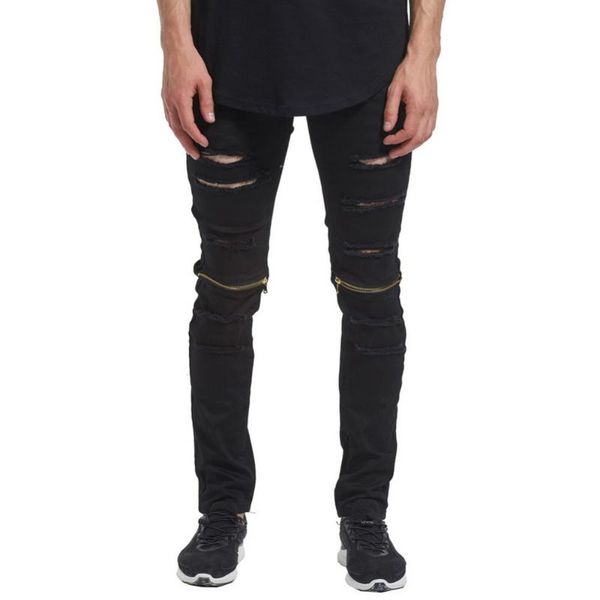 

2017 men zipper knee biker skinny jeans fashion casual designer brand distressed destroyed hole ripped jeans, Blue