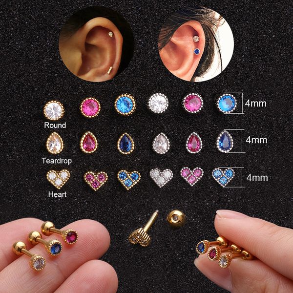 

2019 stainless steel round teardrop heart piercing for women jewelry helix small cartilage earring tiny ear stud tragus piercing, Golden;silver