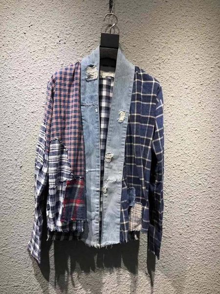 

women men streetwear distressed plaid kimono cardigan yukata shirt haori harajuku blouse streetwear, White;black