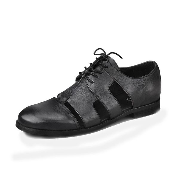 

retro rome summer business man casual lace up sandals hollow out breathable genuine leather gladiator block low heels men shoes, Black