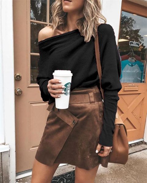 

womens designer casual solid color t shirt long sleeve bat sleeve neckline fashion famale spring clothes, White