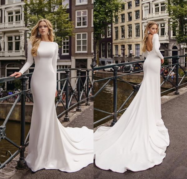 

2019 satin mermaid wedding dresses beteau neck backless sweep train modest long sleeve wedding dress custom made bridal gowns, White