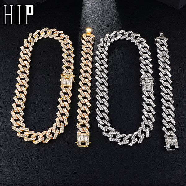 

hip hop 1set 20mm gold silver heavy full iced out paved rhinestones cuban chain cz bling rapper necklaces for men jewelry