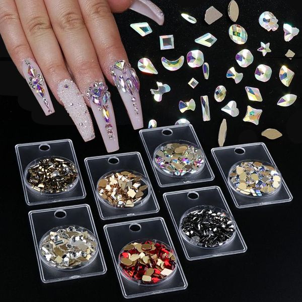 

1 box mixed design nail rhinestones irregular glass stone flat back fake diamond crystal nail art decoration gems jewelry tr1568, Silver;gold
