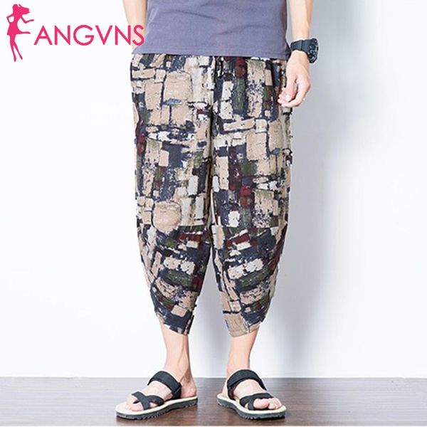 

men casual floral mid waist loose adjustable drawstring calf length cotton beach, linen bloomers haren pants, Black