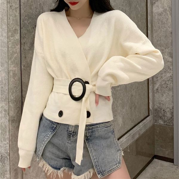 

fashion 2020 elegant v neck double-breasted sashes cardigan women autumn knitted harajuku sweater ladies slim chic cardigans, White
