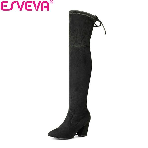 

esveva 2018 women boots warm over the knee boots pointed toe long women winter spring ladies fashion big size 34-43, Black