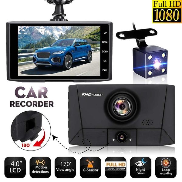 

audew full hd 1080p car dvr 3 cameras lens 4.0 inch dash camera dual lens with rearview camera video recorder auto