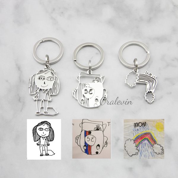

customized children's drawing keychain kid's art child artwork personalized keychain custom name jewelry christmas gift for kids, Silver