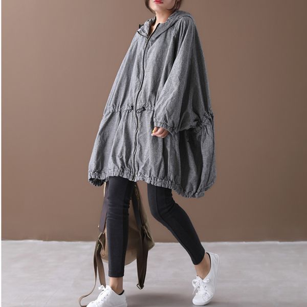 

ewq] 2019 autumn new pattern office lady style a-line loose full sleeve solid color zipper hooded collar windbreak coat af890, Tan;black