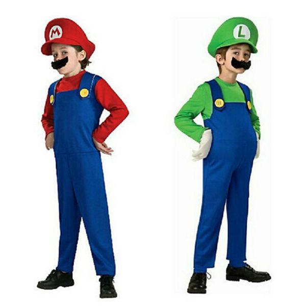 

children funy cosplay super mario costumes brothers luigi bros. plumber fancy dress up party costume cute kids costume, Black;red