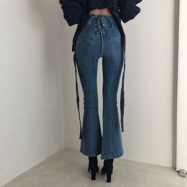 

korean cross lace trumpet jeans woman fashion slim high waist autumn stretch jeans ladies simple tight fitting solid women, Blue
