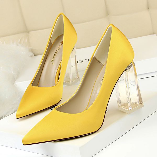 

2020 plus size 43 women block 10cm high heels lady scarpins green satin pumps female wedding yellow blue silk transparent shoes, Black