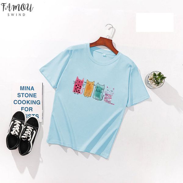 

four little cats print women t shirts summer short sleeve o neck cotton spandex women tees slim fit women t, White