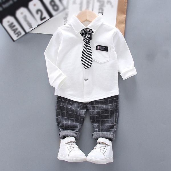 

children's sets boys' long-sleeved british shirt set autumn two-piece tie children's clothing, White