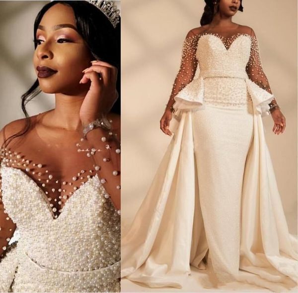 

Plus Size Mermaid Wedding Dresses South African Black Girls Luxury Long Illusion Sleeve Pearls Beads Garden Church Bride Bridal Gowns MGD180, Champagne