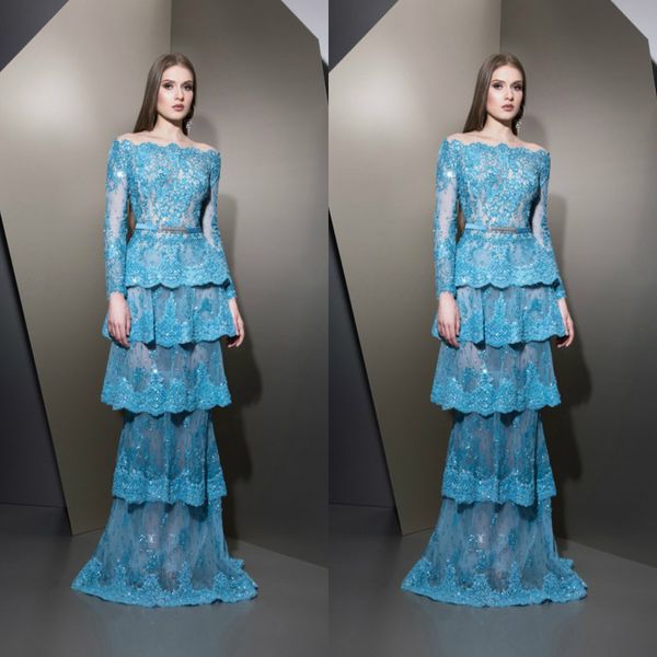 2019 Ziad Nakad camadas saias vestidos de baile mangas compridas Lace Appliqued vestidos de noite fora do ombro vestido de festa Vestido De Festa