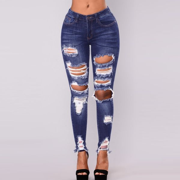 

wipalo women high waisted skinny destroyed ripped hole plus size jeans causl ladies denim trousers long stretch pencil pants 3xl y200417, Blue
