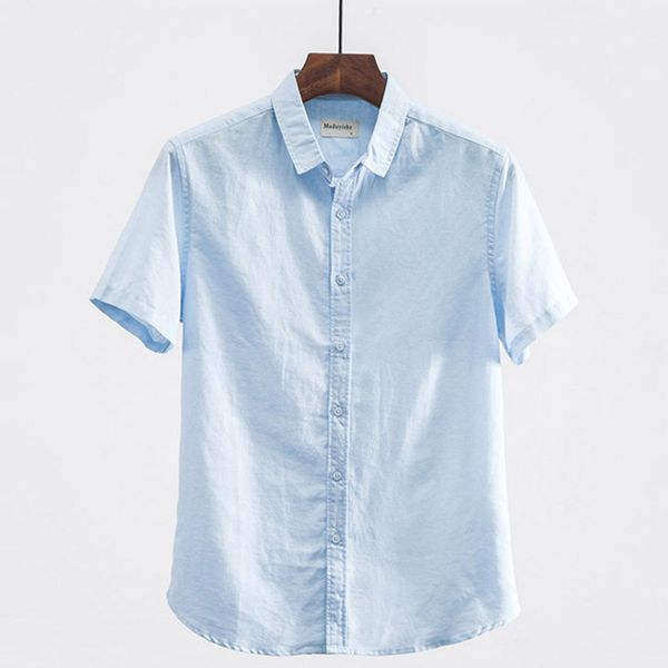 

2020 men contracted leisure lapel flax short sleeve shirt young thin section breathable shirts in summer, White;black