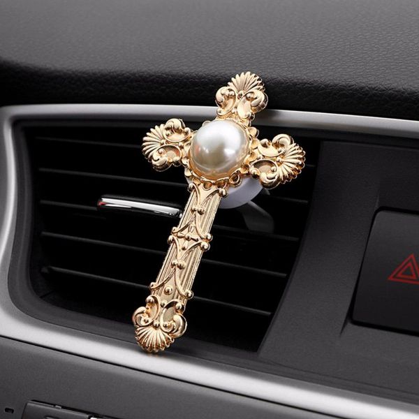 

car ornament metal pearl cross decoration air freshener automobiles interior vent perfume fragrance clip flavoring in the car